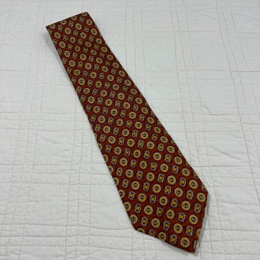 Burberrys London Mens Silk Tie Rust Red Gold Geometric Medallion Hand Sewn USA
